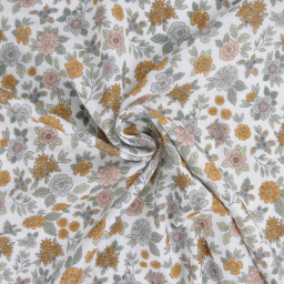Double gaze marion motifs fleurs camel fond blanc - exclusivité made in tissus