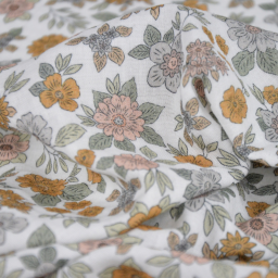 Double gaze marion motifs fleurs camel fond blanc - exclusivité made in tissus