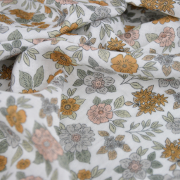 Double gaze marion motifs fleurs camel fond blanc - exclusivité made in tissus