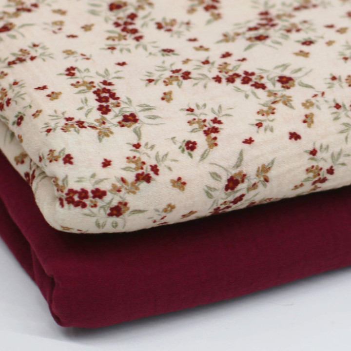 Double gaze Suzon motifs fleurs Bordeaux fond écru