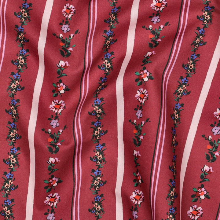 Tissu popeline motifs rayures de fleurs fond bordeaux - OEKO TEX