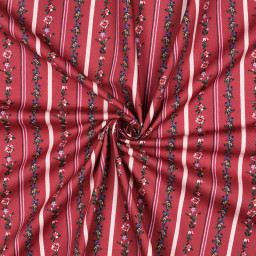 Tissu popeline motifs rayures de fleurs fond bordeaux - OEKO TEX