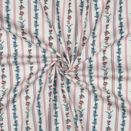 Tissu popeline motifs rayures de fleurs fond Blanc - OEKO TEX