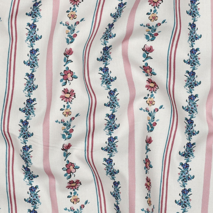 Tissu popeline motifs rayures de fleurs fond Blanc - OEKO TEX