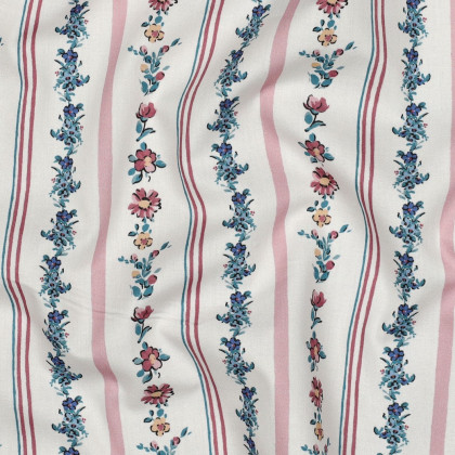 Tissu popeline motifs rayures de fleurs fond Blanc - OEKO TEX