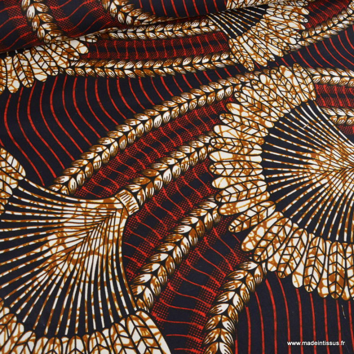 Tissu wax coton KÉITA motif éventail noir, rouge et ocre