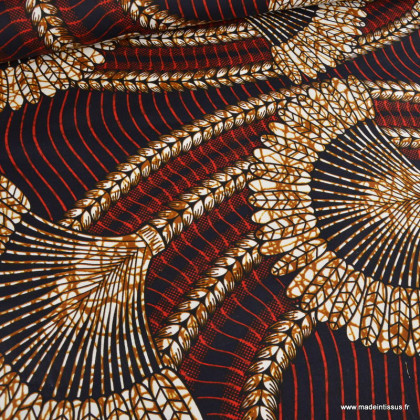 Tissu wax coton KÉITA motif éventail noir, rouge et ocre