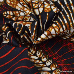 Tissu wax coton KÉITA motif éventail noir, rouge et ocre