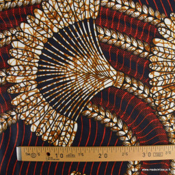 Tissu wax coton KÉITA motif éventail noir, rouge et ocre