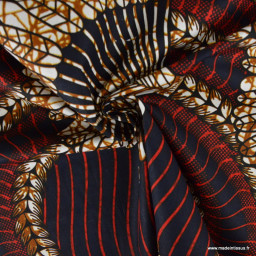Tissu wax coton KÉITA motif éventail noir, rouge et ocre