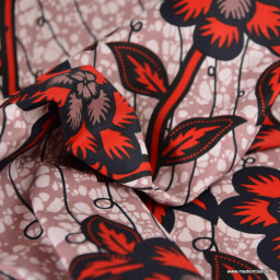 Tissu wax coton Zola Fleurs rouges sur fond rose poudré