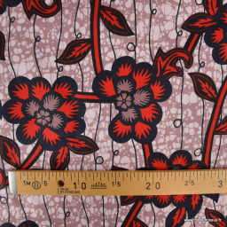 Tissu wax coton Zola Fleurs rouges sur fond rose poudré
