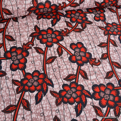 Tissu wax coton Zola Fleurs rouges sur fond rose poudré