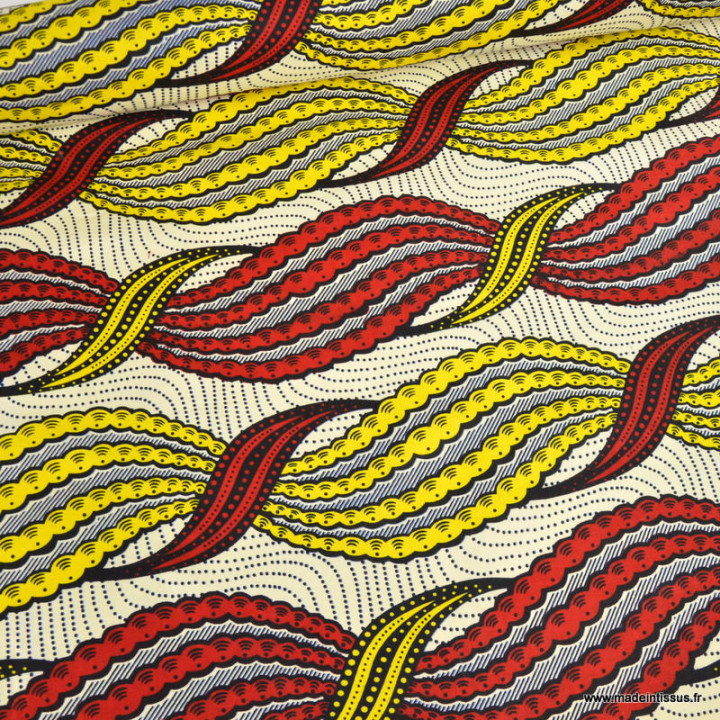 Tissu wax coton Nala motifs graphiques jaune et rouge