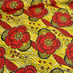 Tissu wax coton Ayana motif grandes fleurs rouges et jaunes