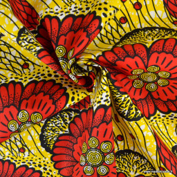 Tissu wax coton Ayana motif grandes fleurs rouges et jaunes