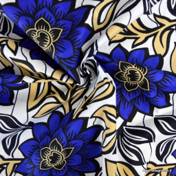 Tissu wax coton Imani motif grandes fleurs bleu électrique sur fond blanc