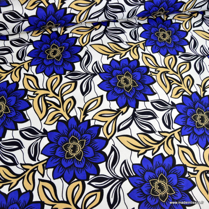 Tissu wax coton Imani motif grandes fleurs bleu électrique sur fond blanc