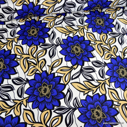 Tissu wax coton Imani motif grandes fleurs bleu électrique sur fond blanc