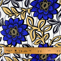 Tissu wax coton Imani motif grandes fleurs bleu électrique sur fond blanc
