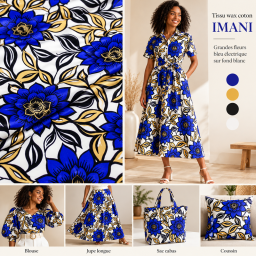 Tissu wax coton Imani motif grandes fleurs bleu électrique sur fond blanc