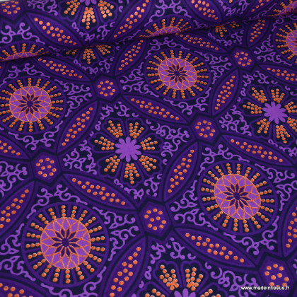 Tissu wax coton Dakar motifs graphiques violets et foil cuivré