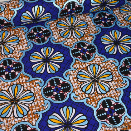 Tissu wax coton Dakar motifs fleurs bleues