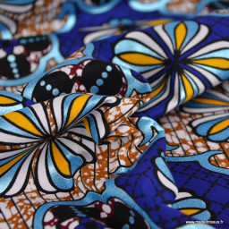Tissu wax coton Dakar motifs fleurs bleues