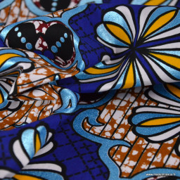 Tissu wax coton Dakar motifs fleurs bleues