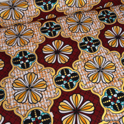 Tissu wax coton Dakar motifs fleurs Bordeaux et or