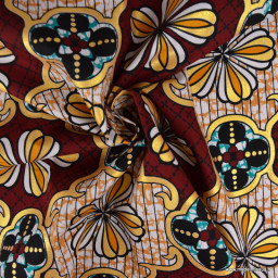 Tissu wax coton Dakar motifs fleurs Bordeaux et or