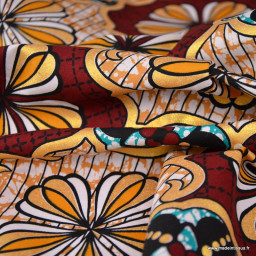 Tissu wax coton Dakar motifs fleurs Bordeaux et or