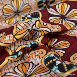 Tissu wax coton Dakar motifs fleurs Bordeaux et or