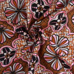 Tissu wax coton Dakar motifs fleurs Marron et rose