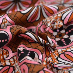 Tissu wax coton Dakar motifs fleurs Marron et rose