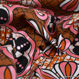 Tissu wax coton Dakar motifs fleurs Marron et rose