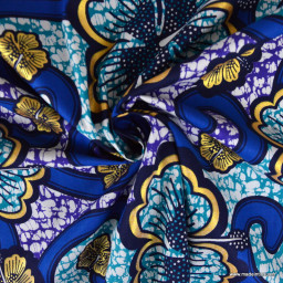 Tissu wax coton Bamako motifs fleurs bleues et or