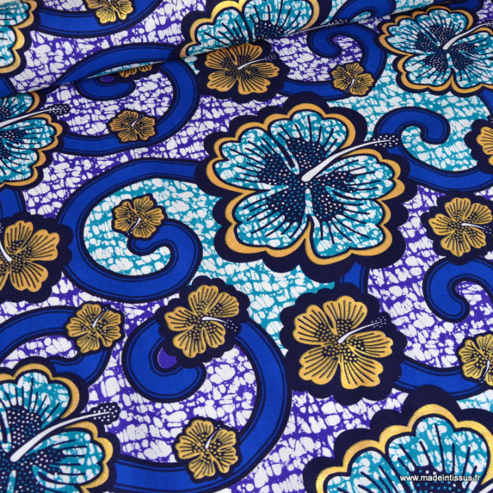Tissu wax coton Bamako motifs fleurs bleues et or