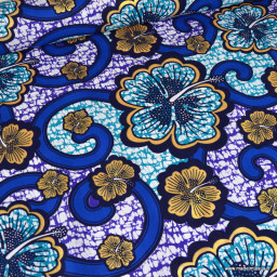 Tissu wax coton Bamako motifs fleurs bleues et or
