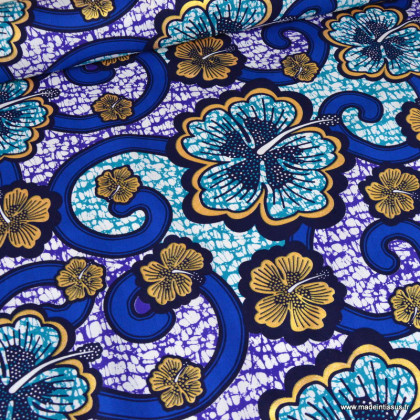 Tissu wax coton Bamako motifs fleurs bleues et or