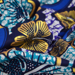 Tissu wax coton Bamako motifs fleurs bleues et or