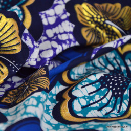 Tissu wax coton Bamako motifs fleurs bleues et or