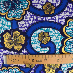 Tissu wax coton Bamako motifs fleurs bleues et or