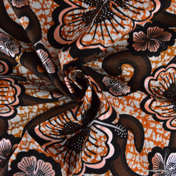 Tissu wax coton Bamako motifs fleurs marron et rose