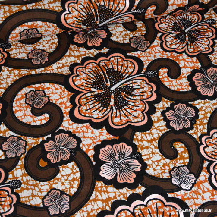 Tissu wax coton Bamako motifs fleurs marron et rose