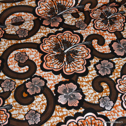 Tissu wax coton Bamako motifs fleurs marron et rose