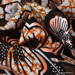 Tissu wax coton Bamako motifs fleurs marron et rose