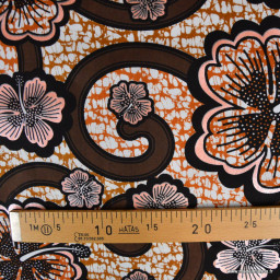 Tissu wax coton Bamako motifs fleurs marron et rose