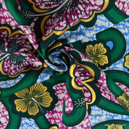 Tissu wax coton Bamako motifs fleurs Bleu et rose