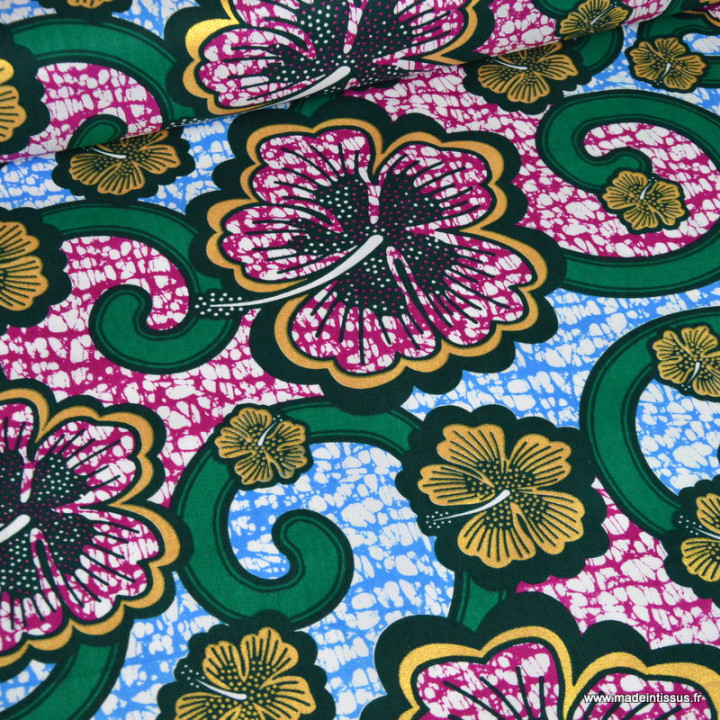 Tissu wax coton Bamako motifs fleurs Bleu et rose
